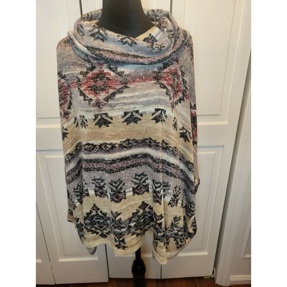 Tan/Blue Cowl Neck Sweater Aztec Southwestern OSFM Boho Hippie Western Southwest